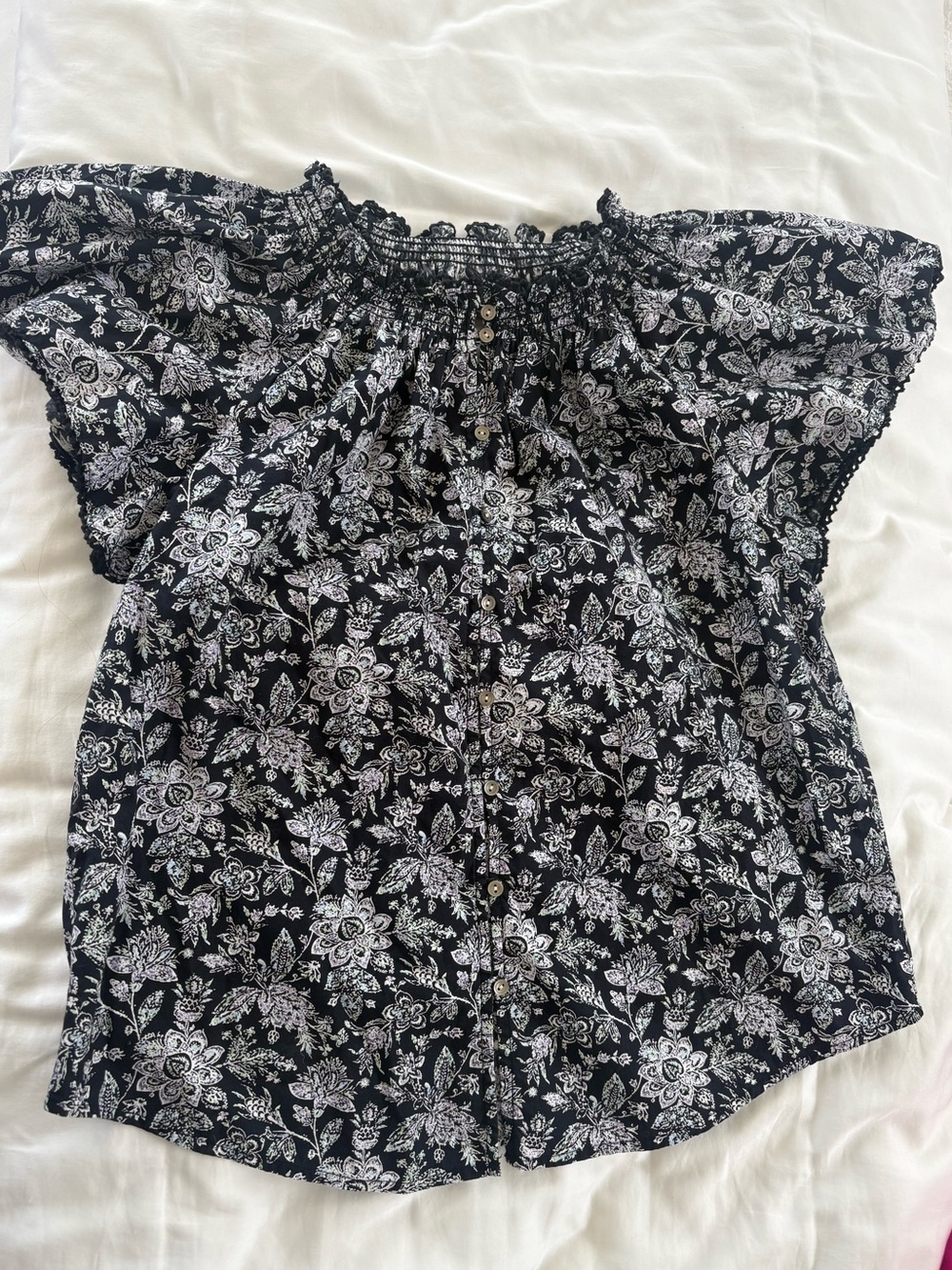 Black Floral Smocked Off-Shoulder Blouse